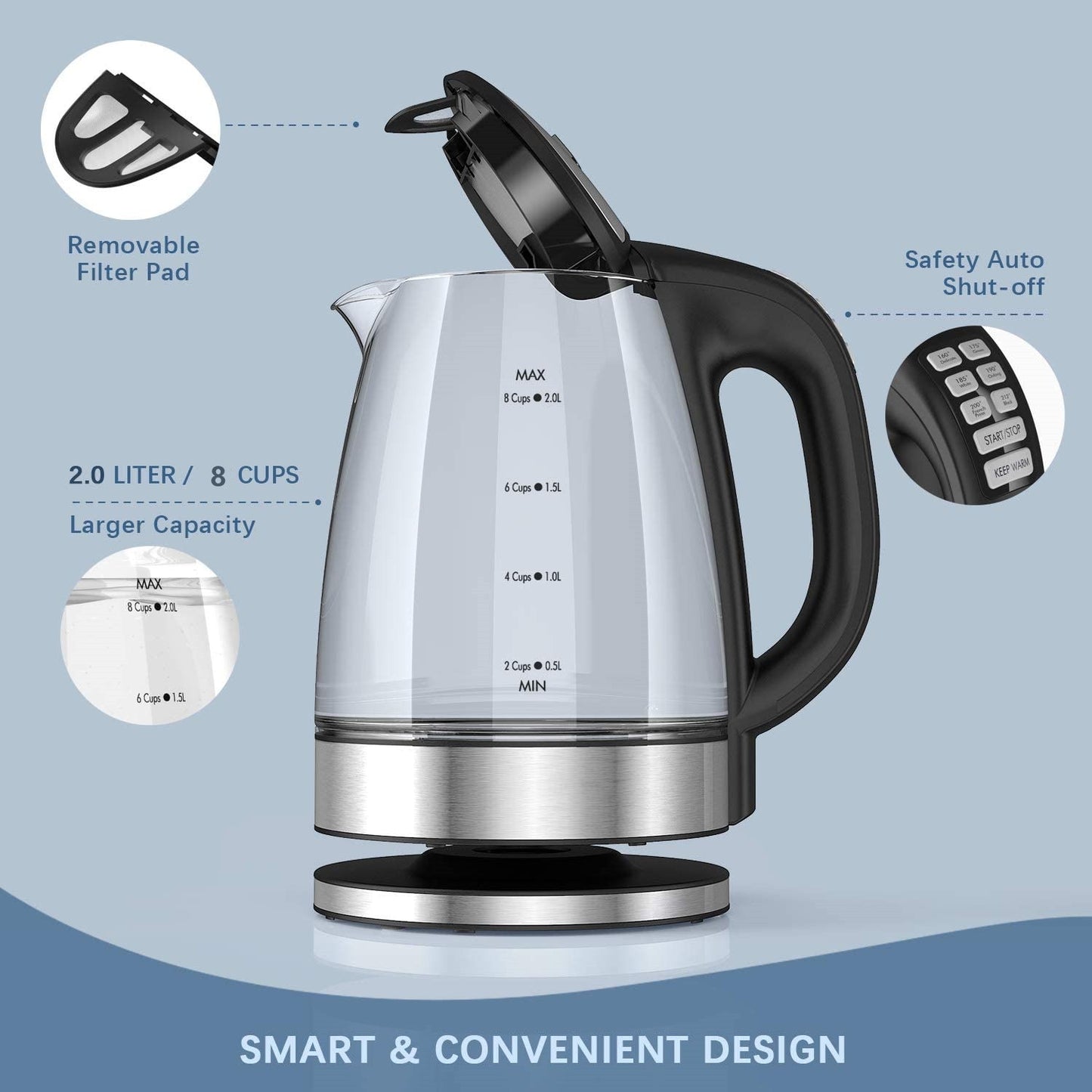 DEVISIB Electric Kettle Temperature Control with 6 Presets 2.0L Glass Making Tea Coffee Hot Water Auto-Off Boil-Dry Protection